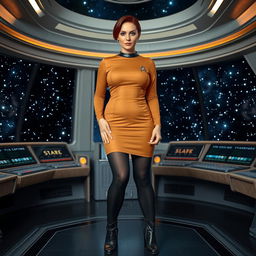 A voluptuous woman dressed in a classic Star Trek tunic with a skirt, complemented by black tights and stylish black boots