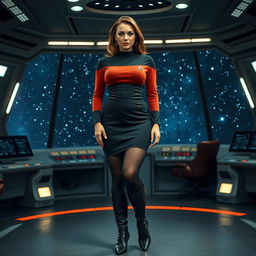 A voluptuous woman dressed in a classic Star Trek tunic with a skirt, complemented by black tights and stylish black boots