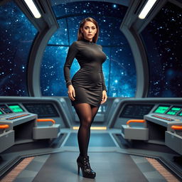A voluptuous woman dressed in a classic Star Trek tunic with a skirt, complemented by black tights and stylish black boots