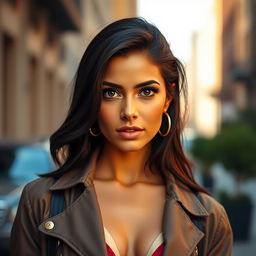 A 35-year-old Latina woman with dark hair and tanned skin stands confidently, her expressive eyes capturing attention