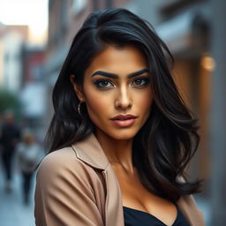 A 35-year-old Latina woman with dark hair and tanned skin stands confidently, her expressive eyes capturing attention
