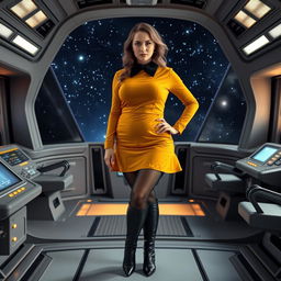 A voluptuous woman stands confidently on a starship bridge in space