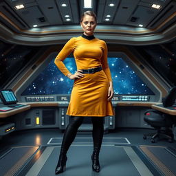 A voluptuous woman stands confidently on a starship bridge in space