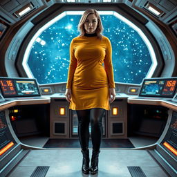 A voluptuous woman stands confidently on a starship bridge in space