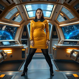 A voluptuous woman stands confidently on a starship bridge in space