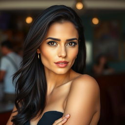 A beautiful 35-year-old woman of Latin descent, with dark hair and tanned skin