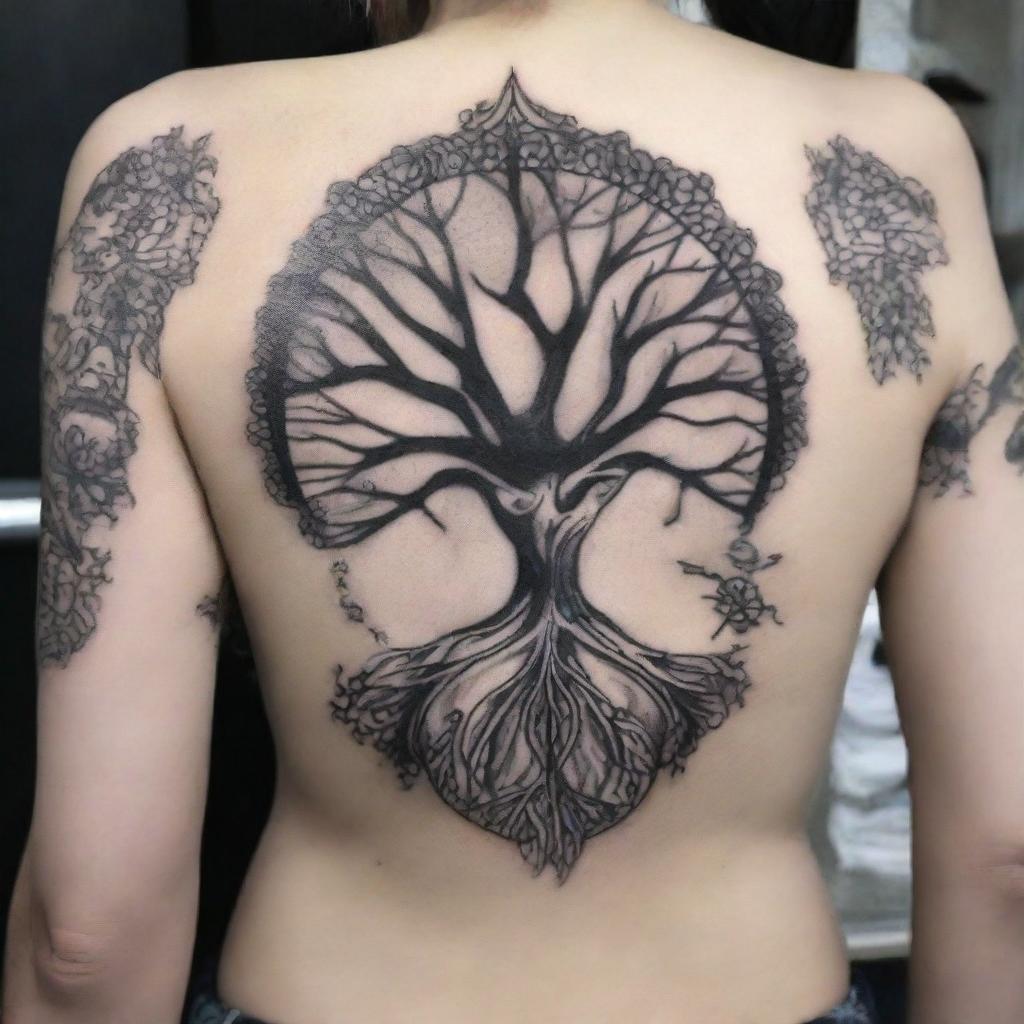 The image represents a black and white ink tattoo design, centered around the theme of family