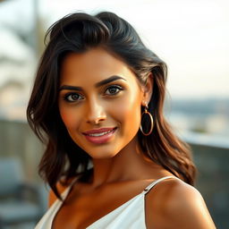 A 35-year-old Latina woman with dark hair and tanned skin stands confidently, her expressive eyes radiating warmth and charm