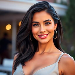 A 35-year-old Latina woman with dark hair and tanned skin stands confidently, her expressive eyes radiating warmth and charm
