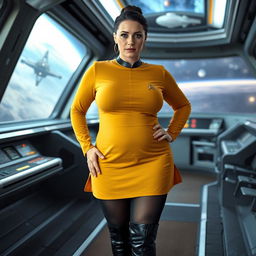 A voluptuous woman stands confidently on a starship bridge in space, wearing a stylish mustard Star Trek-inspired tunic skirt paired with black tights and sleek black boots
