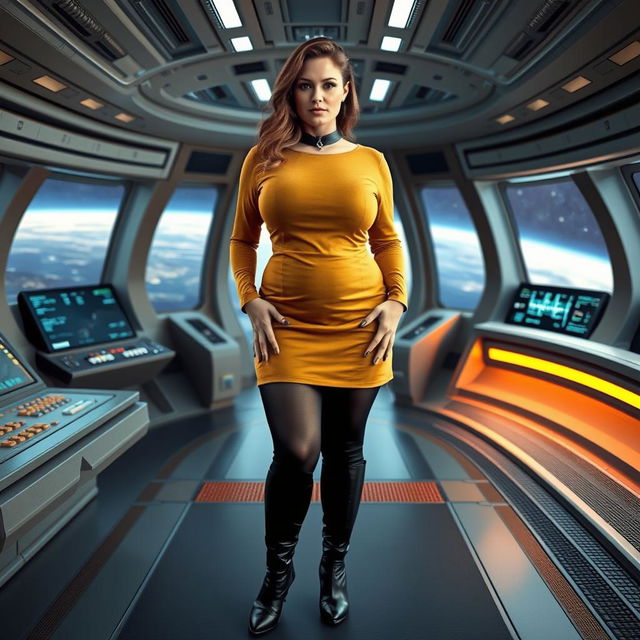 A voluptuous woman stands confidently on a starship bridge in space, wearing a stylish mustard Star Trek-inspired tunic skirt paired with black tights and sleek black boots