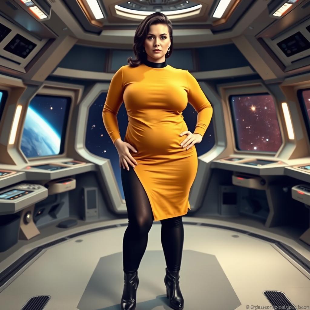 A voluptuous woman stands confidently on a starship bridge in space, wearing a stylish mustard Star Trek-inspired tunic skirt paired with black tights and sleek black boots