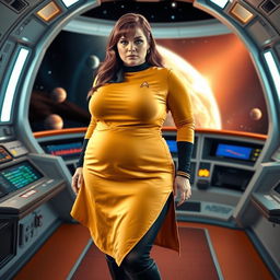 A voluptuous woman stands confidently on a starship bridge in space, wearing a stylish mustard Star Trek-inspired tunic skirt paired with black tights and sleek black boots