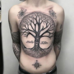 The image represents a black and white ink tattoo design, centered around the theme of family