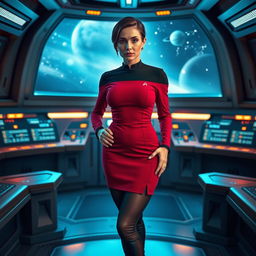 A voluptuous woman wearing a fitted red Star Trek tunic with a skirt, paired with sleek black tights and stylish black boots