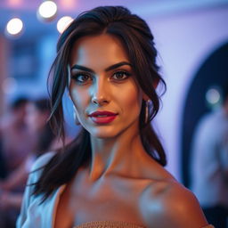 A captivating 35-year-old woman of Latin descent, featuring dark hair and a warm, tanned complexion