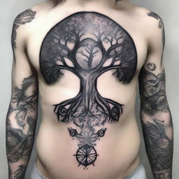 The image represents a black and white ink tattoo design, centered around the theme of family