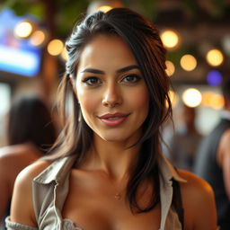 A captivating 35-year-old woman of Latin descent, featuring dark hair and a warm, tanned complexion