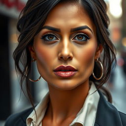 A 35-year-old woman with dark hair and tanned skin, possessing expressive eyes and a Latino appearance