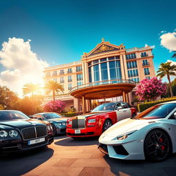A dazzling scene showcasing luxurious cars parked in front of an opulent hotel