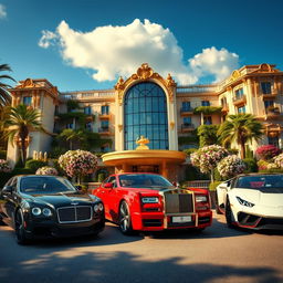 A dazzling scene showcasing luxurious cars parked in front of an opulent hotel