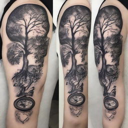 The image represents a black and white ink tattoo design, centered around the theme of family