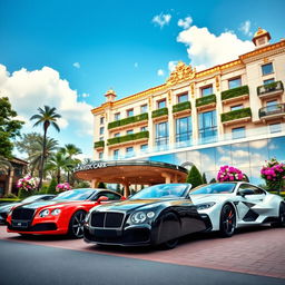 A dazzling scene showcasing luxurious cars parked in front of an opulent hotel