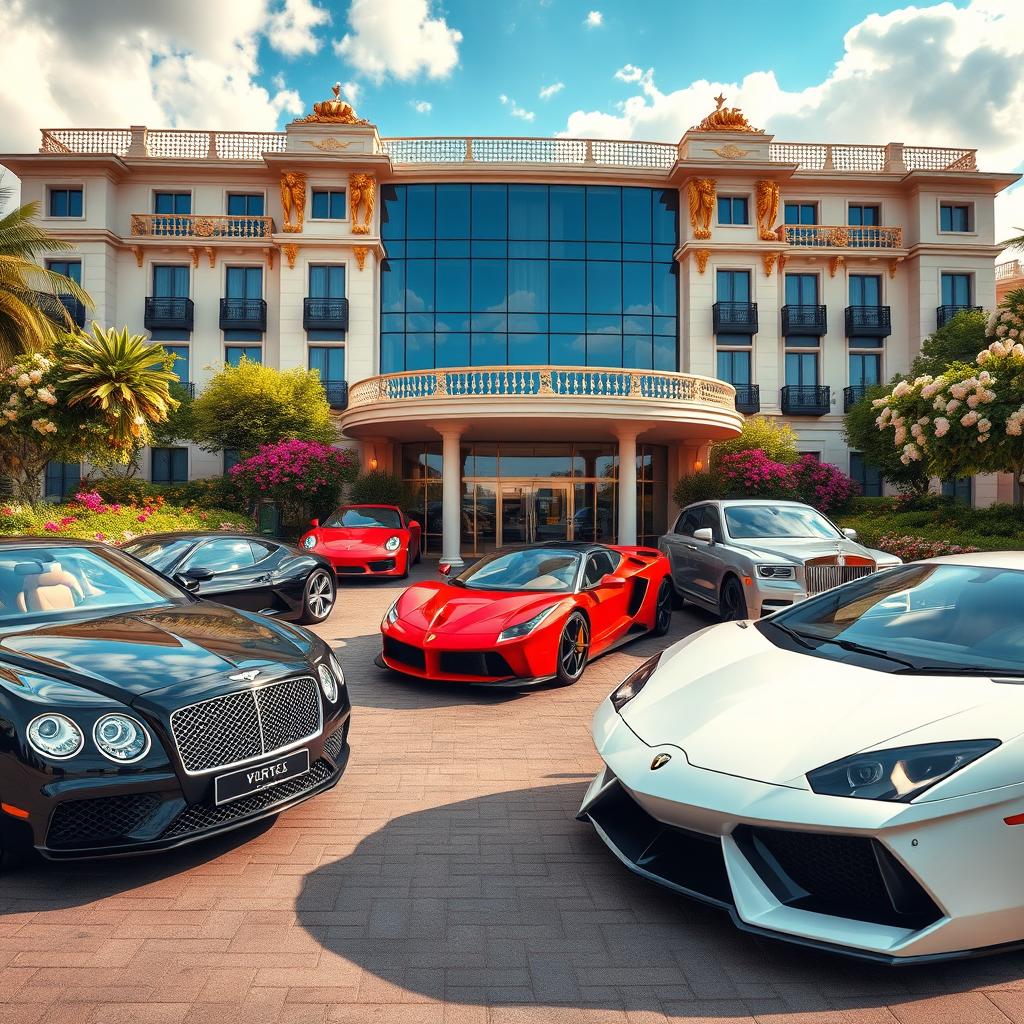 A dazzling scene showcasing luxurious cars parked in front of an opulent hotel