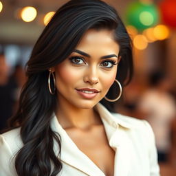 An attractive 35-year-old woman of Latin descent, showcasing her dark hair and beautifully tanned skin