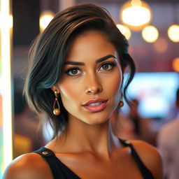 An attractive 35-year-old woman of Latin descent, showcasing her dark hair and beautifully tanned skin
