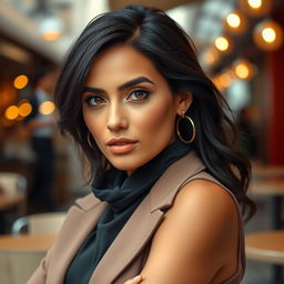 A 35-year-old woman with dark hair and tanned skin, characterized by her expressive eyes and Latino appearance