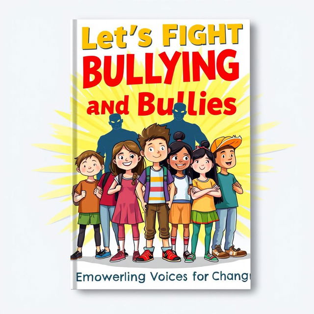 A vibrant and motivational book front cover design titled 'Let's Fight Bullying and Bullies'