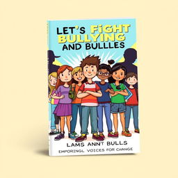 A vibrant and motivational book front cover design titled 'Let's Fight Bullying and Bullies'