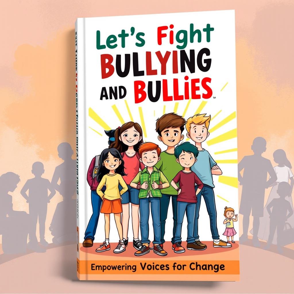 A vibrant and motivational book front cover design titled 'Let's Fight Bullying and Bullies'