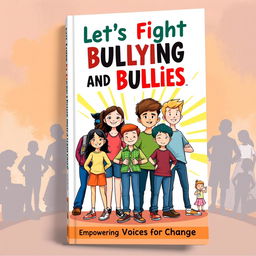 A vibrant and motivational book front cover design titled 'Let's Fight Bullying and Bullies'