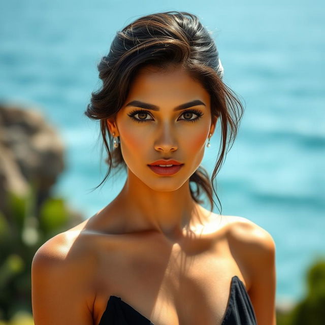 A 35-year-old woman with dark hair and tanned skin, exhibiting expressive eyes and a Latino appearance