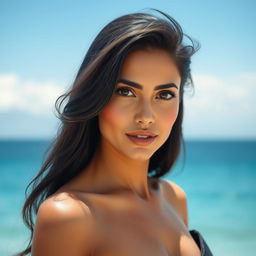A 35-year-old woman with dark hair and tanned skin, exhibiting expressive eyes and a Latino appearance