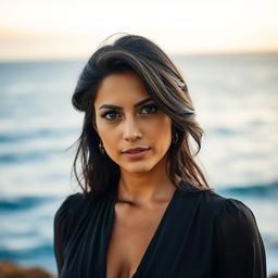 A 35-year-old woman with dark hair and tanned skin, exhibiting expressive eyes and a Latino appearance
