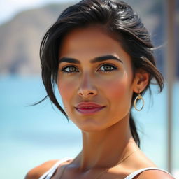 A 35-year-old woman with dark hair and tanned skin, featuring expressive eyes that bring out her Latin appearance