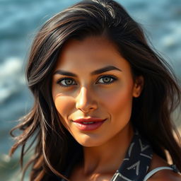 A 35-year-old woman with dark hair and tanned skin, featuring expressive eyes that bring out her Latin appearance