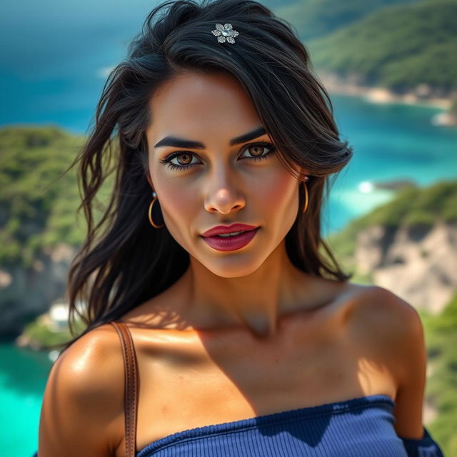 A 35-year-old woman with dark hair and tanned skin, featuring expressive eyes that highlight her Latin heritage