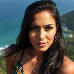 A 35-year-old woman with dark hair and tanned skin, featuring expressive eyes that highlight her Latin heritage