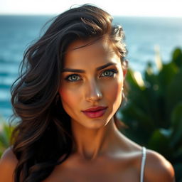 35-year-old woman with dark hair and tanned skin, striking expressive eyes, of Latin appearance, dressed elegantly