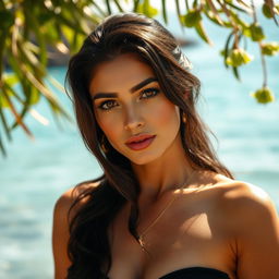 35-year-old woman with dark hair and tanned skin, striking expressive eyes, of Latin appearance, dressed elegantly