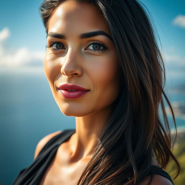 A 35-year-old woman with dark hair and a tanned complexion, showcasing expressive eyes that highlight her Latin features