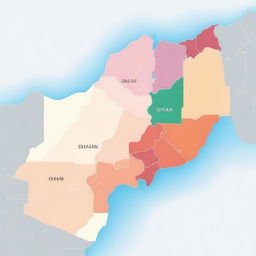 A high-quality digital art map of Oman, showcasing the geographical layout with color gradients to represent altitudes