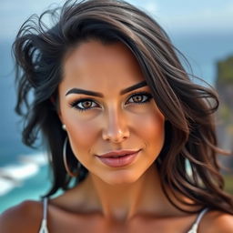 A 35-year-old woman with dark hair and a tanned complexion, showcasing expressive eyes that highlight her Latin features