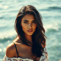 35-year-old woman with dark hair and tanned skin, expressive striking eyes, of Latin appearance, wearing stylish clothing