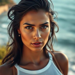 35-year-old woman with dark hair and tanned skin, expressive striking eyes, of Latin appearance, wearing stylish clothing