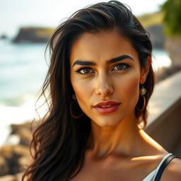 35-year-old woman with dark hair and tanned skin, expressive striking eyes, of Latin appearance, wearing stylish clothing